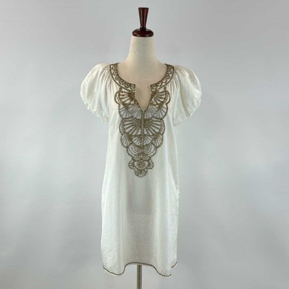 White Satin Dress with Bronze Bead Embellishment Holiday Party New Year's Eve Dr